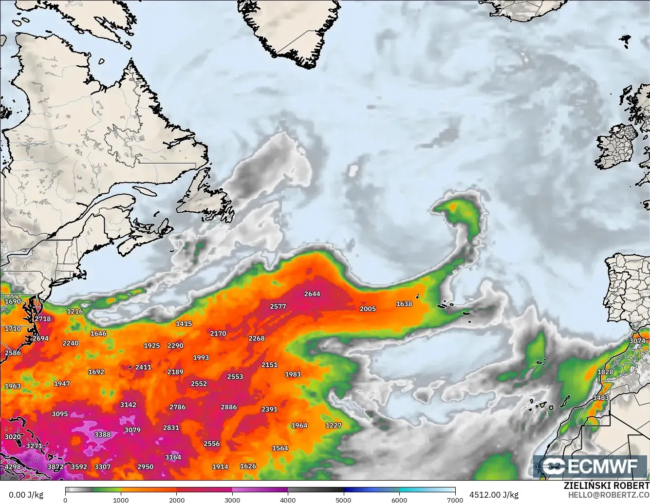 ECMWF IFS 0.25° model - North Atlantic, CAPE