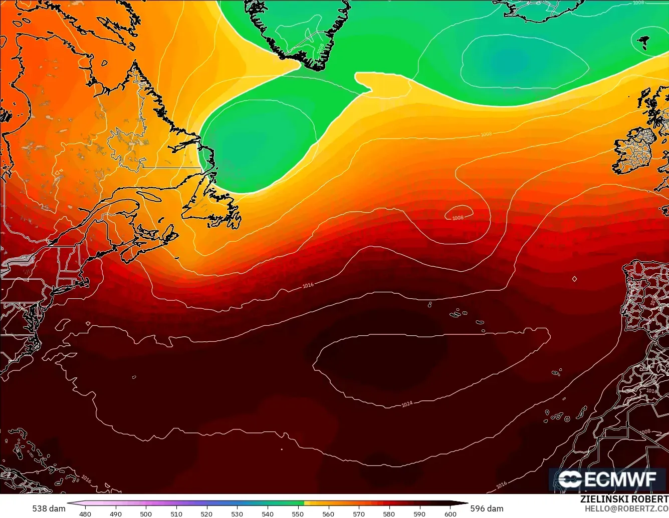 ECMWF IFS 0.25° model - North Atlantic, Geopotential height at 500hPa