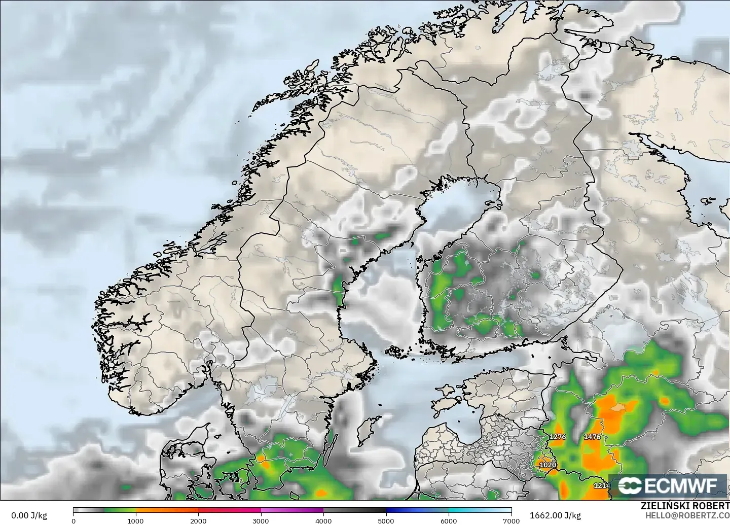ECMWF IFS 0.25° model - Scandinavia, CAPE
