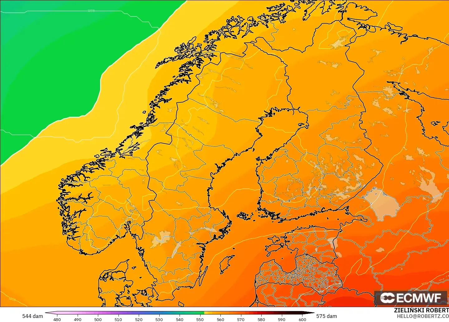 ECMWF IFS 0.25° model - Scandinavia, Geopotential height at 500hPa