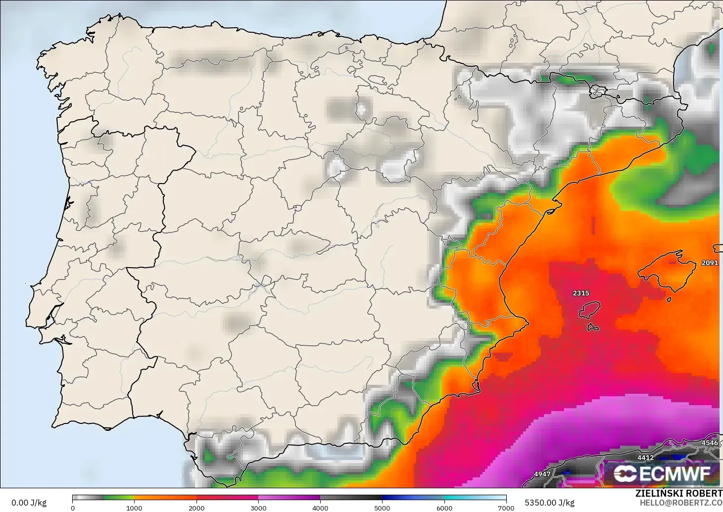 ECMWF IFS 0.25° model - Spain, CAPE