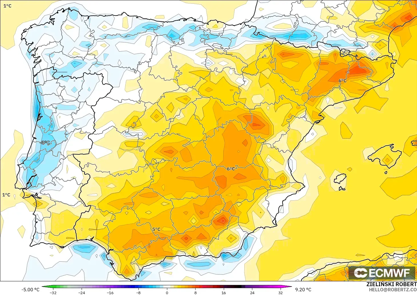 ECMWF IFS 0.25° model - Spain, Temperature at 2m Anomaly