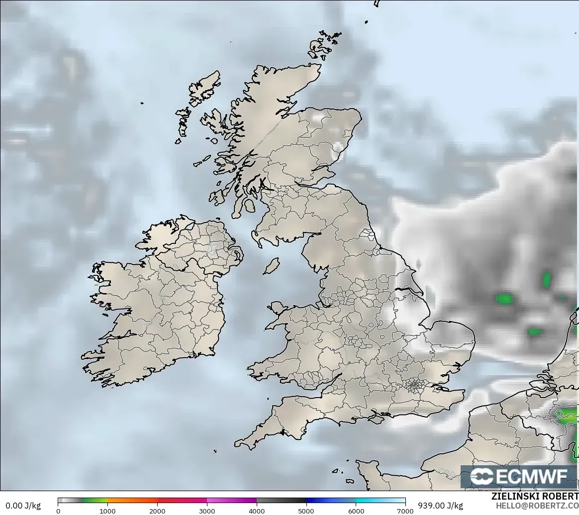 ECMWF IFS 0.25° model - United Kingdom, CAPE
