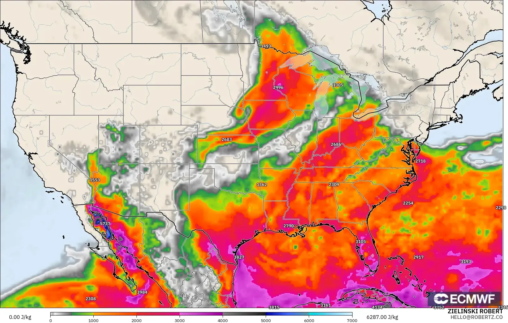 ECMWF IFS 0.25° model - United States, CAPE