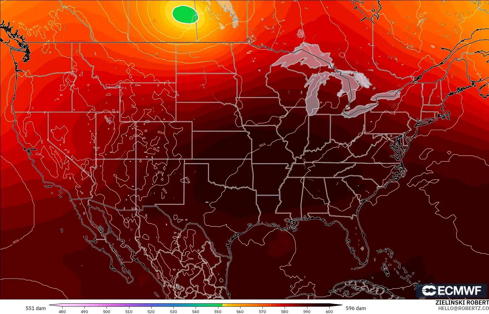 ECMWF IFS 0.25° model - United States, Geopotential height at 500hPa