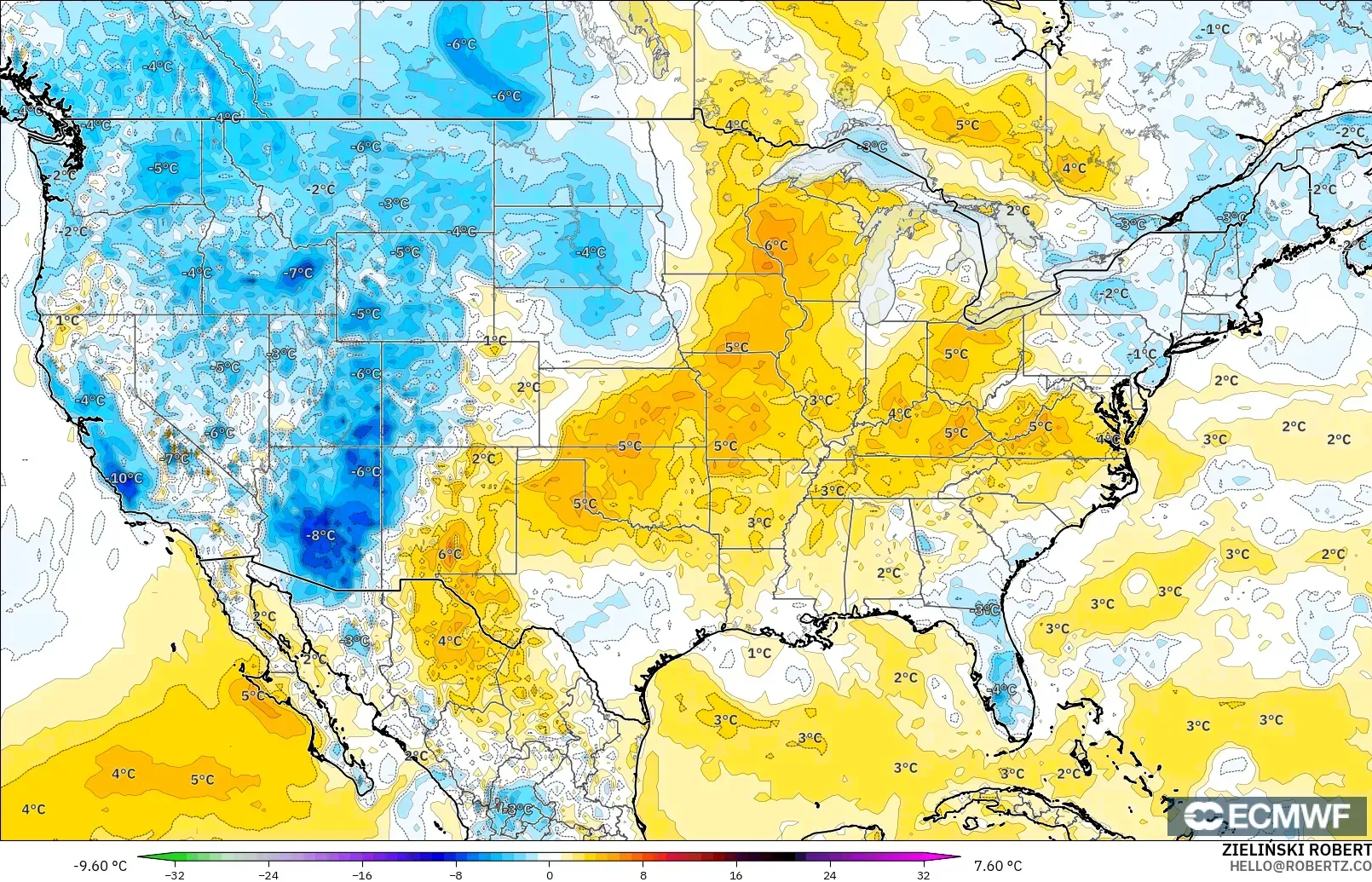 ECMWF IFS 0.25° model - United States, Temperature at 2m Anomaly
