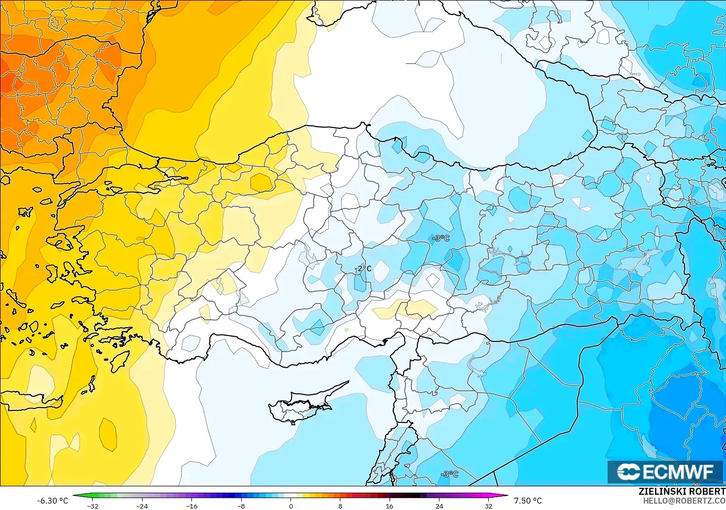 ECMWF IFS 0.25° model - Turkey, Temperature at 850hPa Anomaly