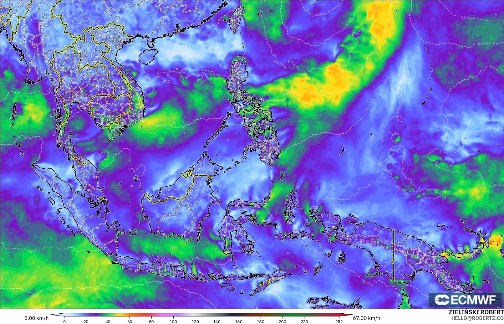 ECMWF IFS 0.25° model - South East Asia, Wind Gusts Peak
