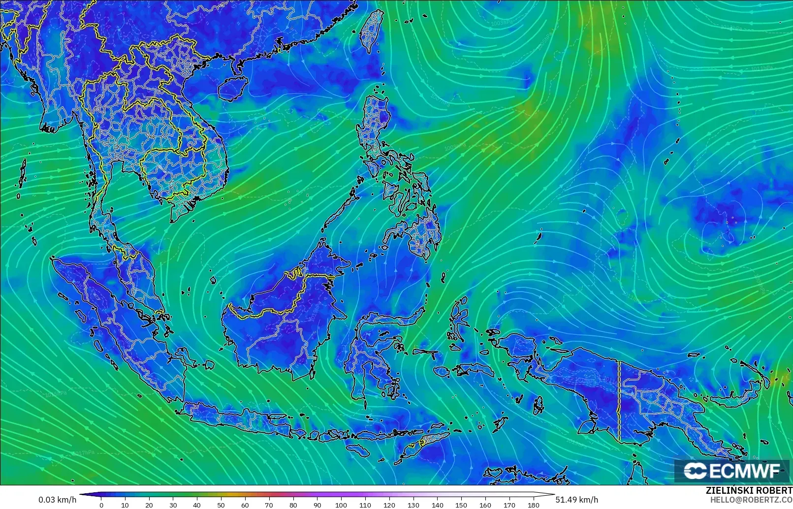 ECMWF IFS 0.25° model - South East Asia, Wind at 10m