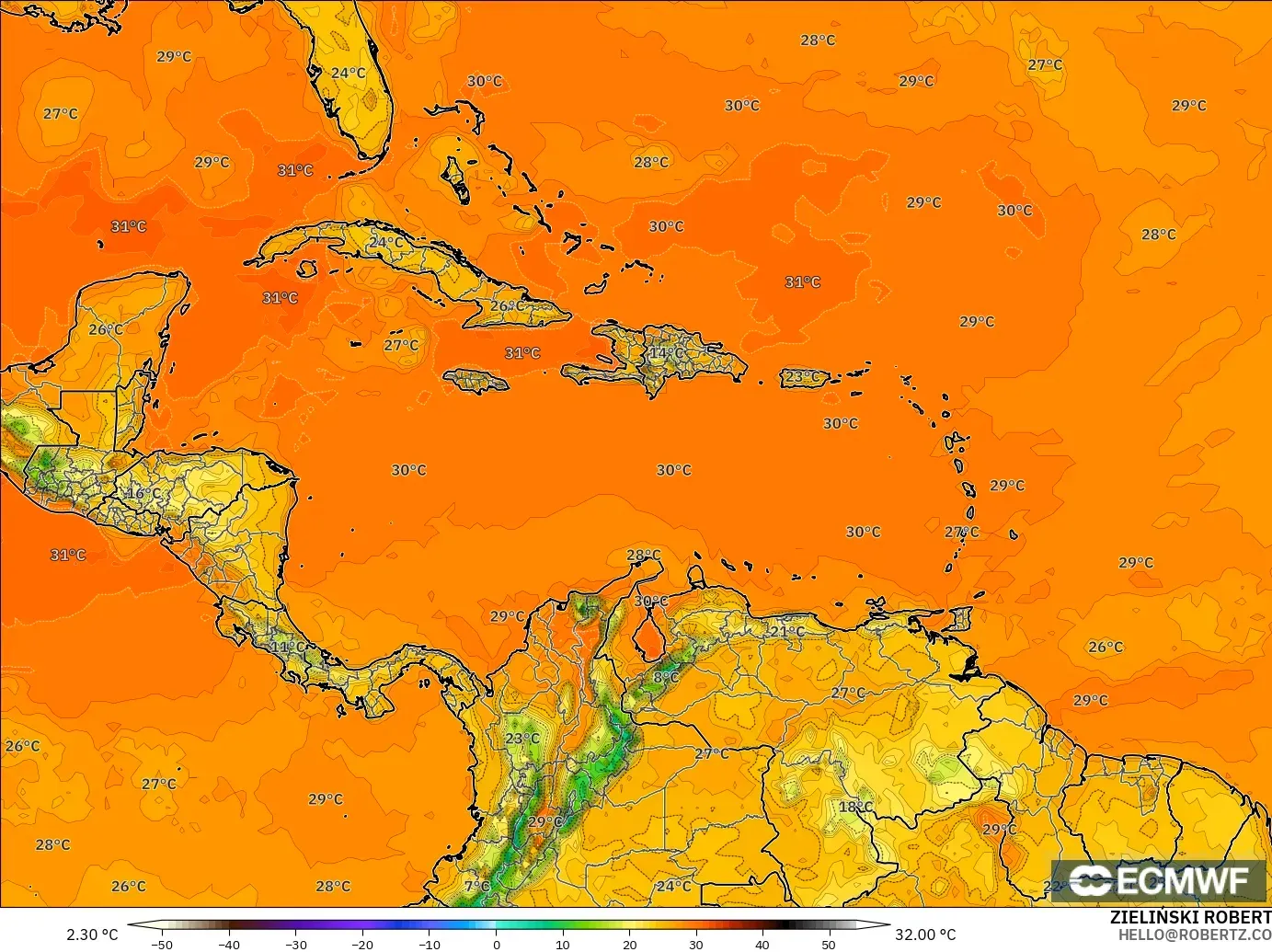 ECMWF IFS 0.25° model - Caribbean, Temperature at 2m