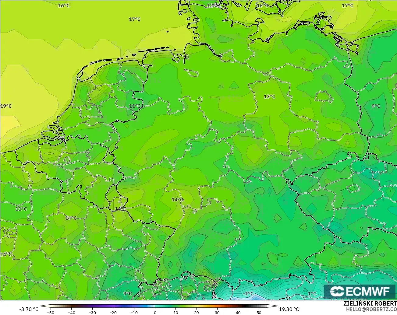 ECMWF IFS 0.25° model - Germany, Temperature at 2m