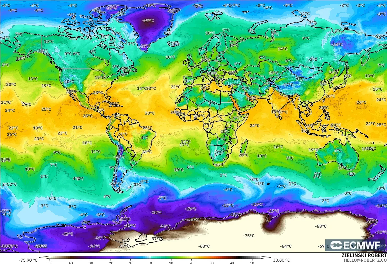 ECMWF IFS 0.25° model - World, Dewpoint at 2m