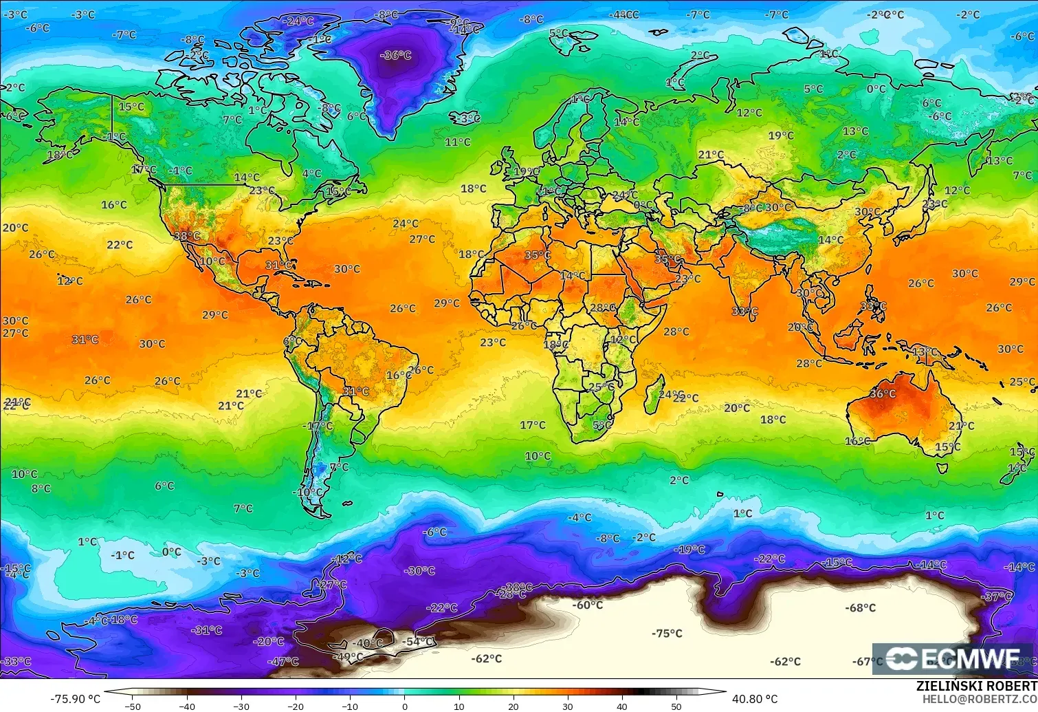 ECMWF IFS 0.25° model - World, Temperature at 2m