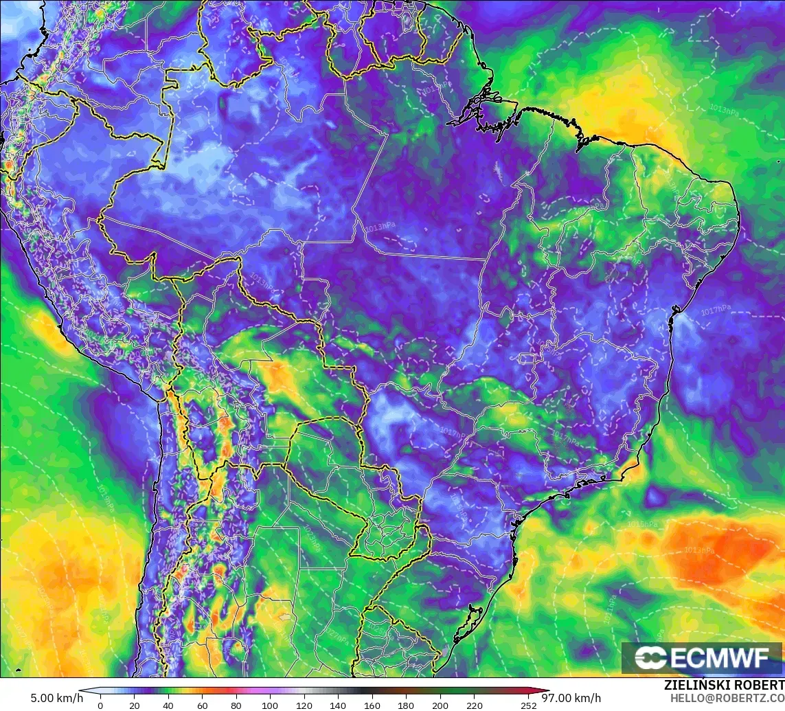 ECMWF IFS 0.25° model - Brazil, Wind Gusts Peak