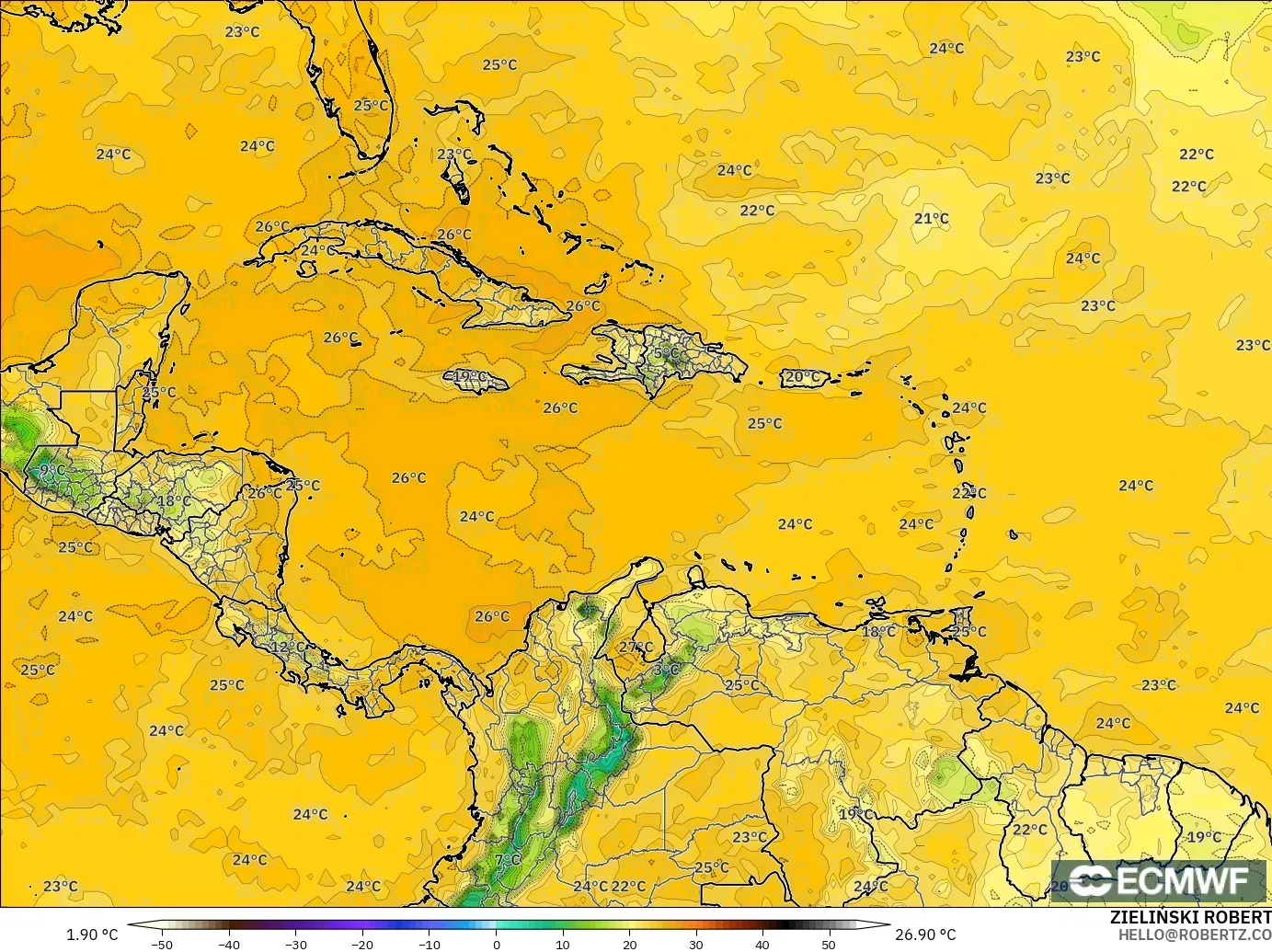 ECMWF IFS 0.25° model - Caribbean, Dewpoint at 2m