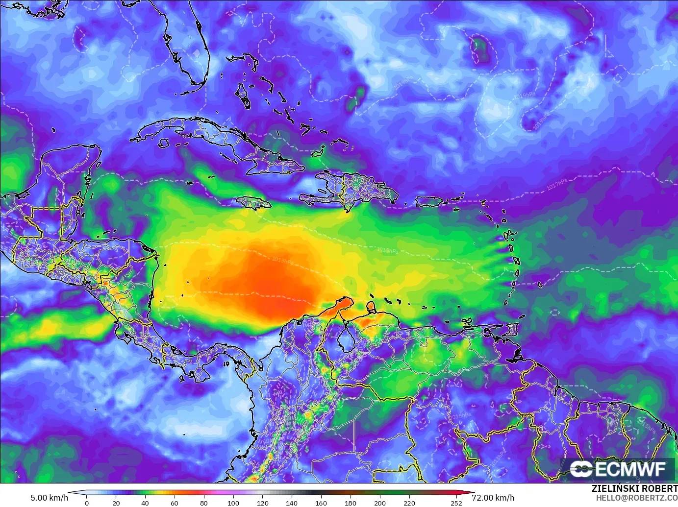 ECMWF IFS 0.25° model - Caribbean, Wind Gusts Peak