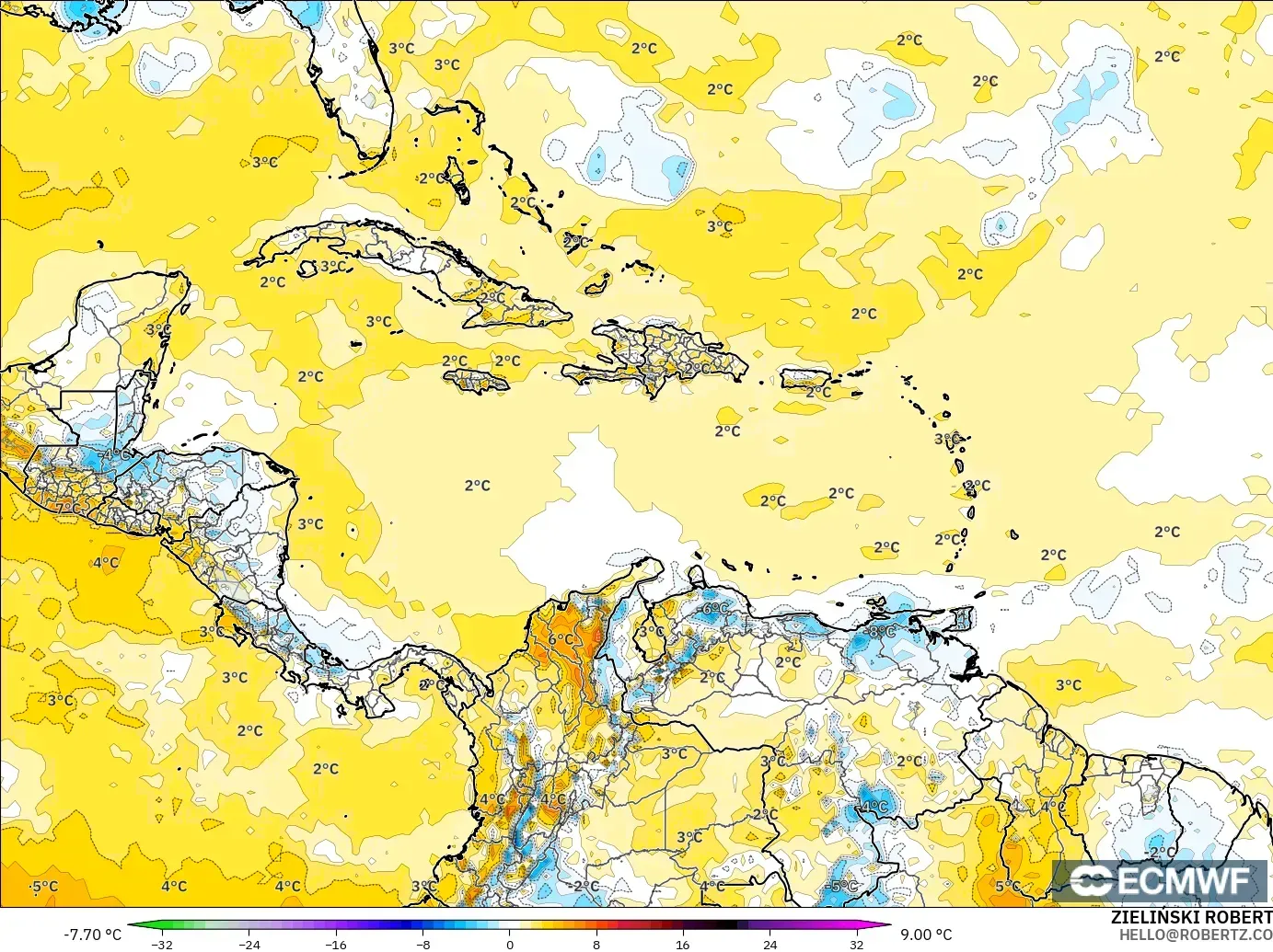ECMWF IFS 0.25° model - Caribbean, Temperature at 2m Anomaly