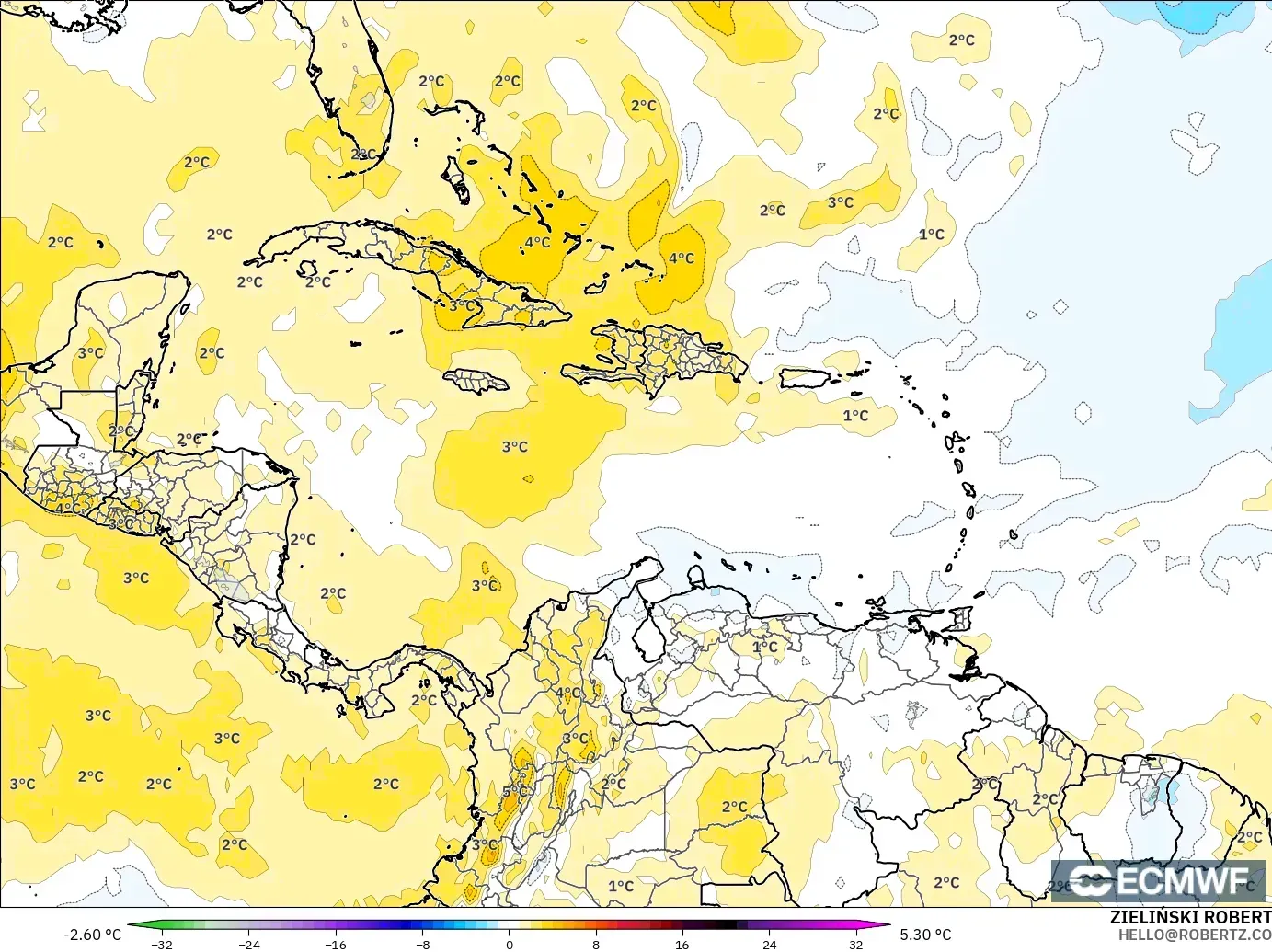 ECMWF IFS 0.25° model - Caribbean, Temperature at 850hPa Anomaly