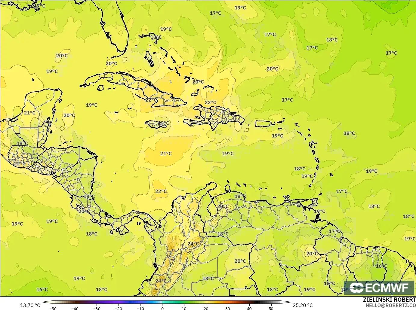 ECMWF IFS 0.25° model - Caribbean, Temperature at 850hPa