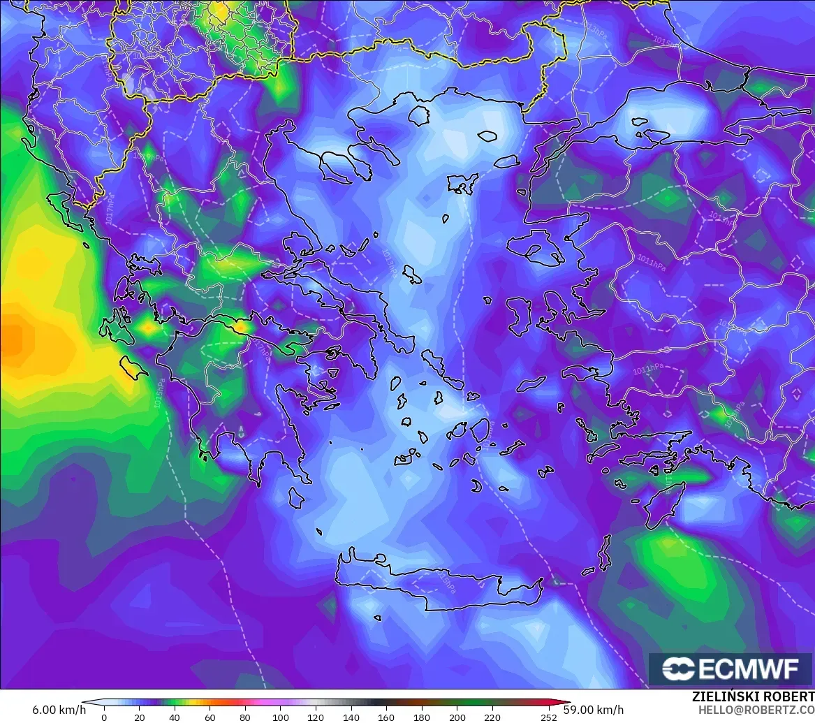 ECMWF IFS 0.25° model - Greece, Wind Gusts