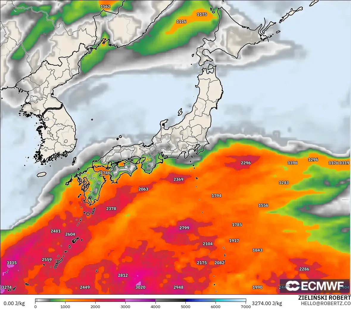 ECMWF IFS 0.25° model - Japan, CAPE