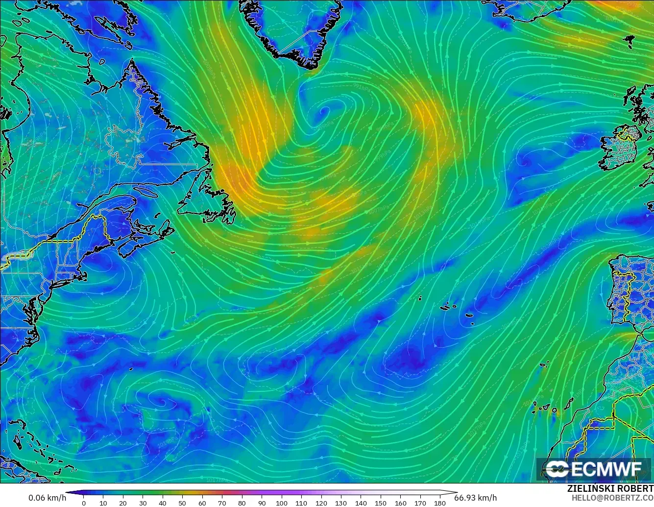 ECMWF IFS 0.25° model - North Atlantic, Wind at 10m