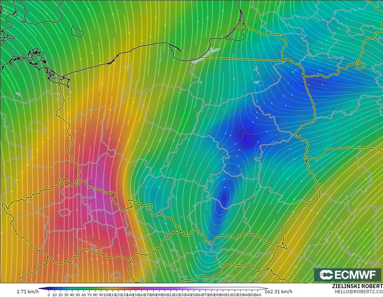 ECMWF IFS 0.25° model - Poland, Wind at 300hPa (jet stream)
