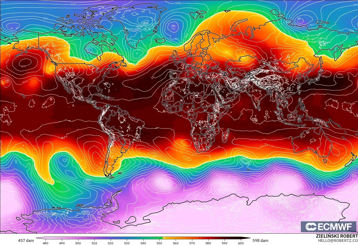 ECMWF IFS 0.25° model - World, Geopotential height at 500hPa