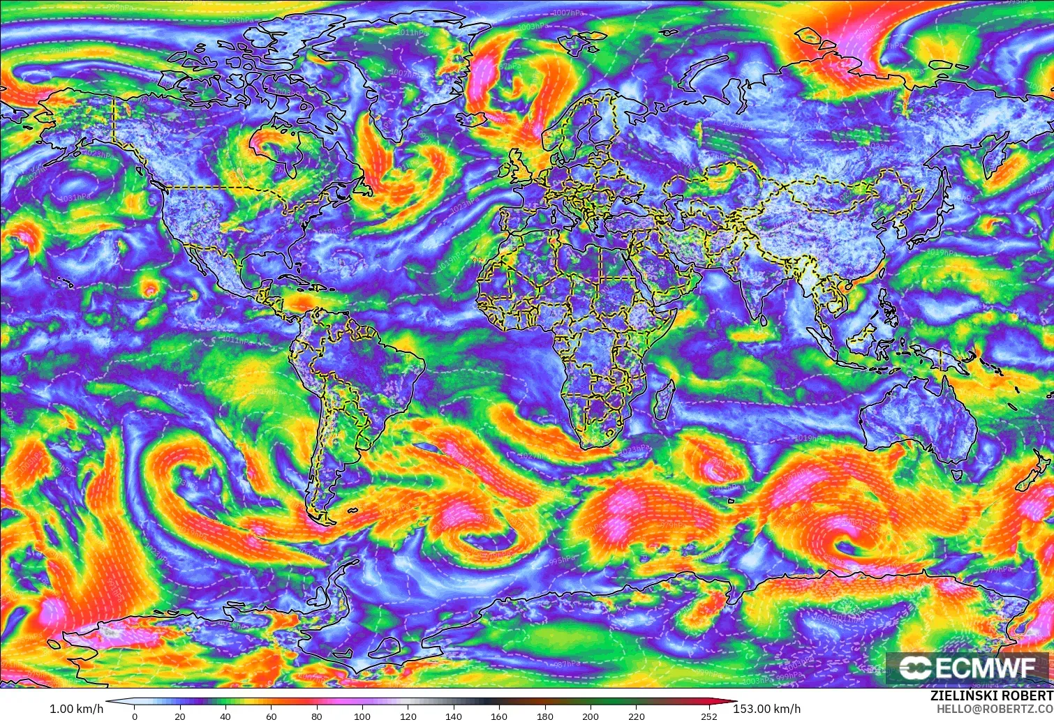 ECMWF IFS 0.25° model - World, Wind Gusts Peak