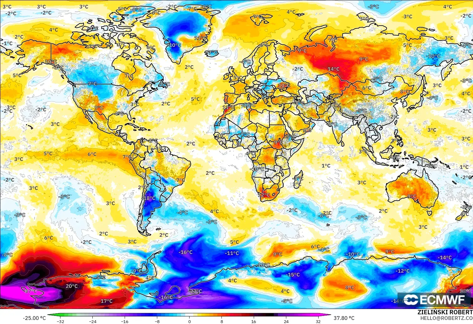 ECMWF IFS 0.25° model - World, Temperature at 2m Anomaly
