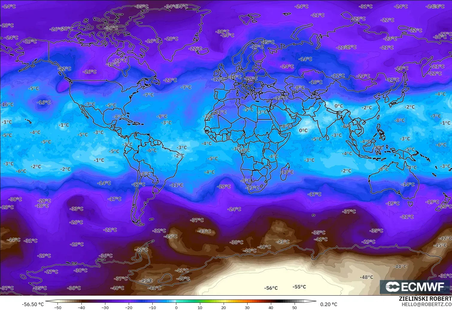 ECMWF IFS 0.25° model - World, Temperature at 500hPa
