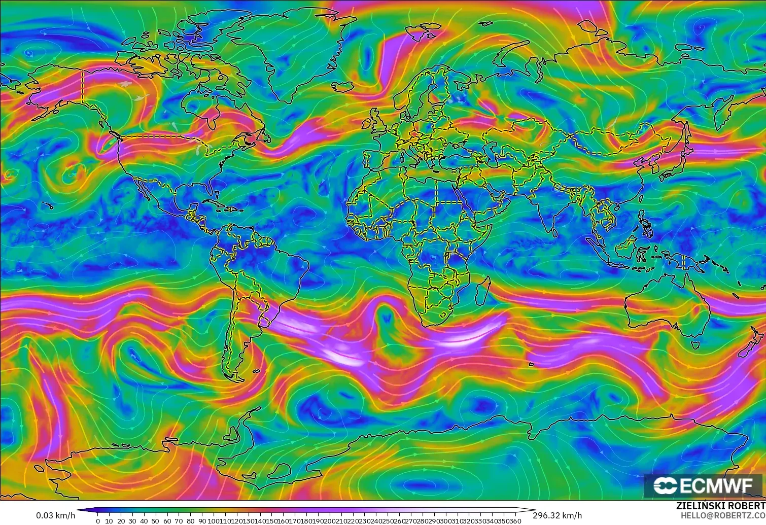 ECMWF IFS 0.25° model - World, Wind at 300hPa (jet stream)