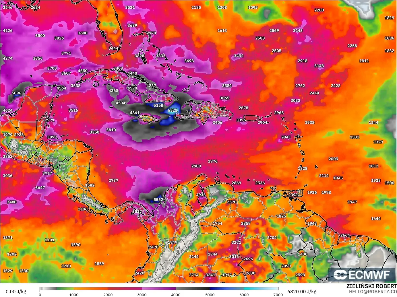 ECMWF IFS 0.25° model - Caribbean, CAPE