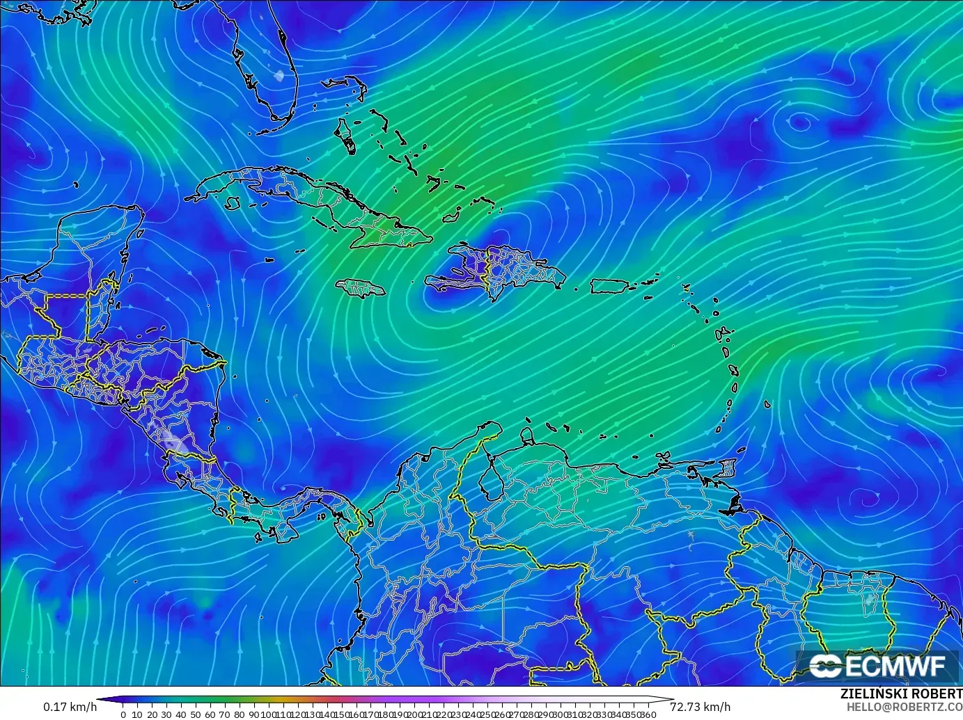 ECMWF IFS 0.25° model - Caribbean, Wind at 300hPa (jet stream)