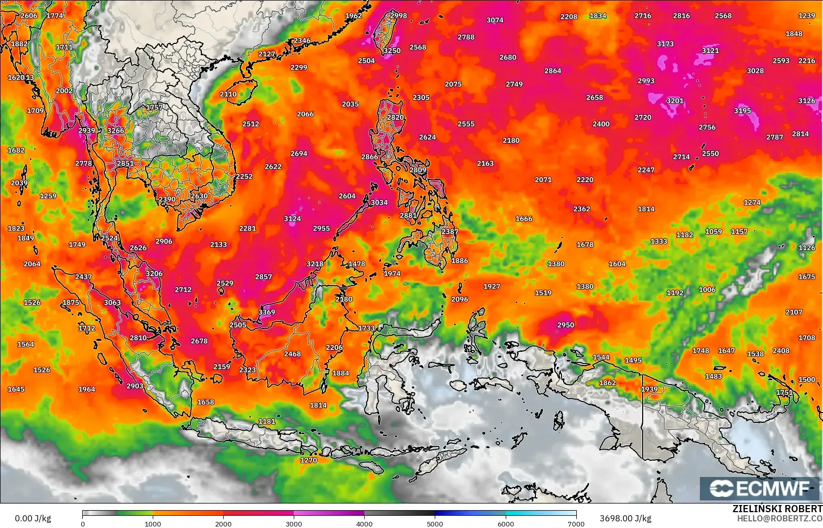 ECMWF IFS 0.25° model - South East Asia, CAPE