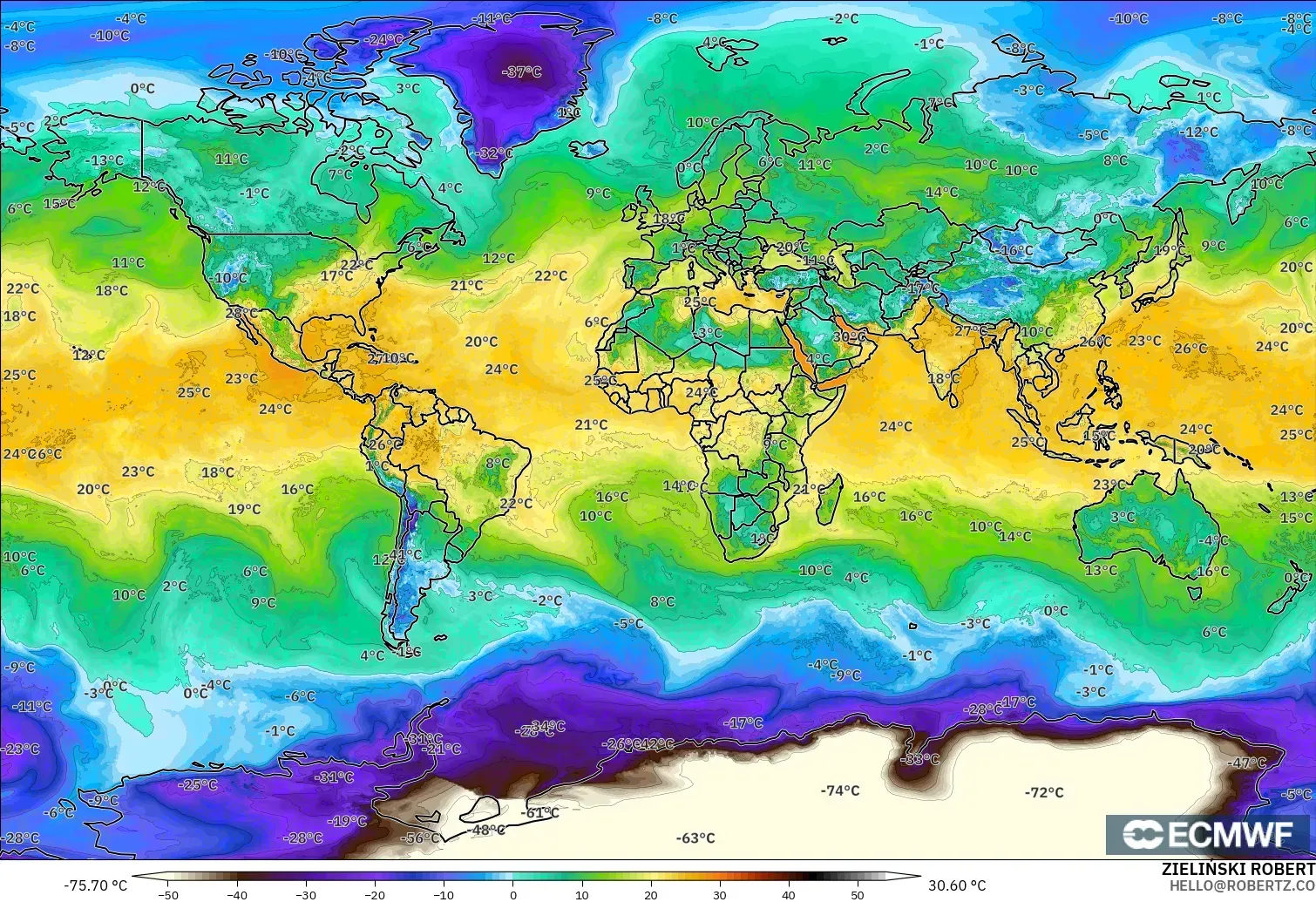 ECMWF IFS 0.25° model - World, Dewpoint at 2m