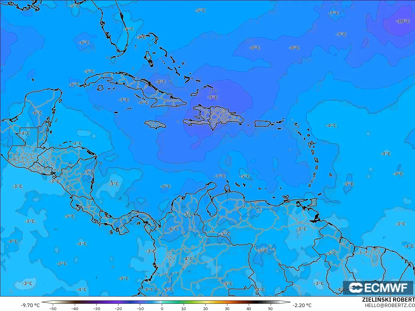 ECMWF IFS 0.25° model - Caribbean, Temperature at 500hPa