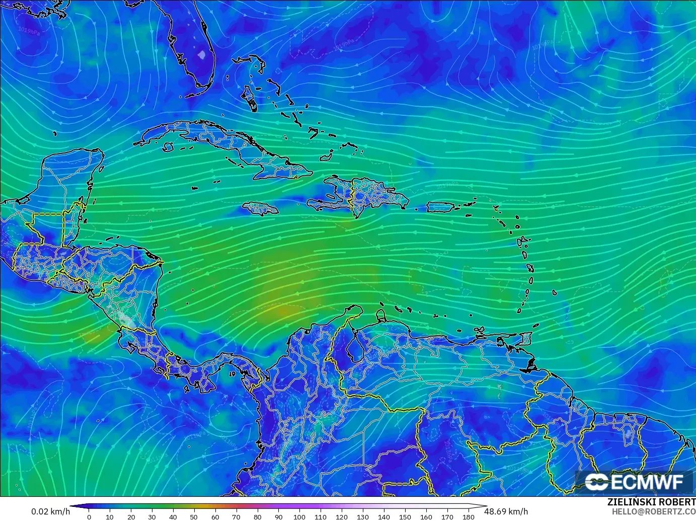 ECMWF IFS 0.25° model - Caribbean, Wind at 10m