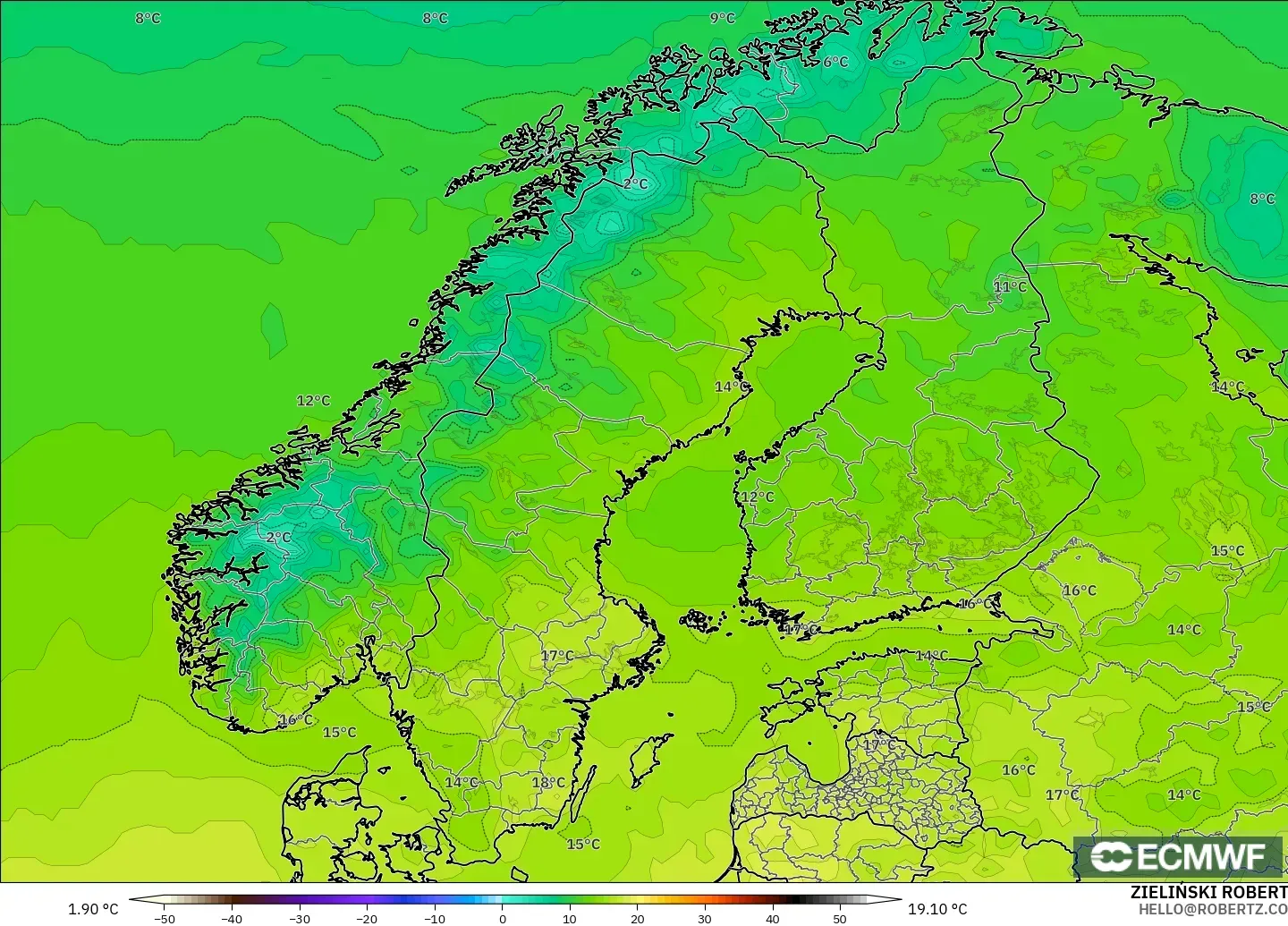ECMWF IFS 0.25° model - Scandinavia, Temperature at 2m