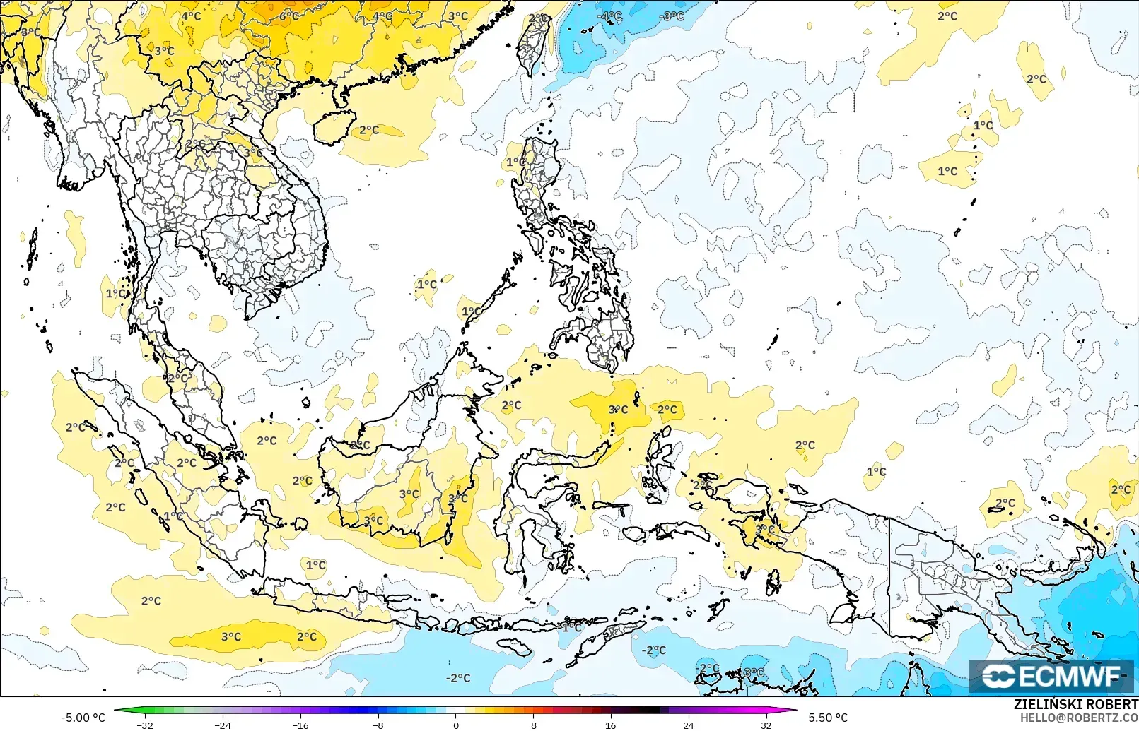 ECMWF IFS 0.25° model - South East Asia, Temperature at 850hPa Anomaly