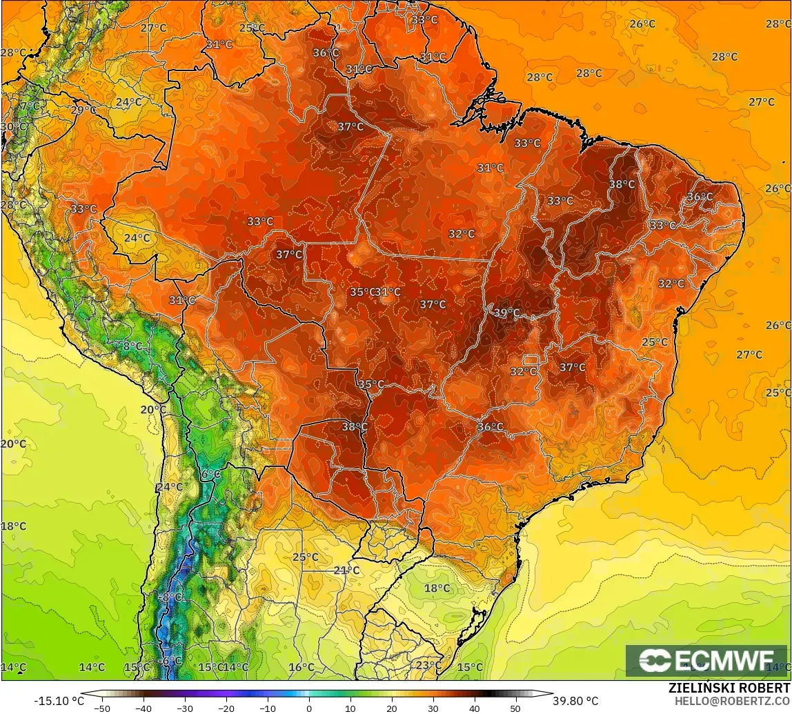 ECMWF IFS 0.25° model - Brazil, Temperature at 2m