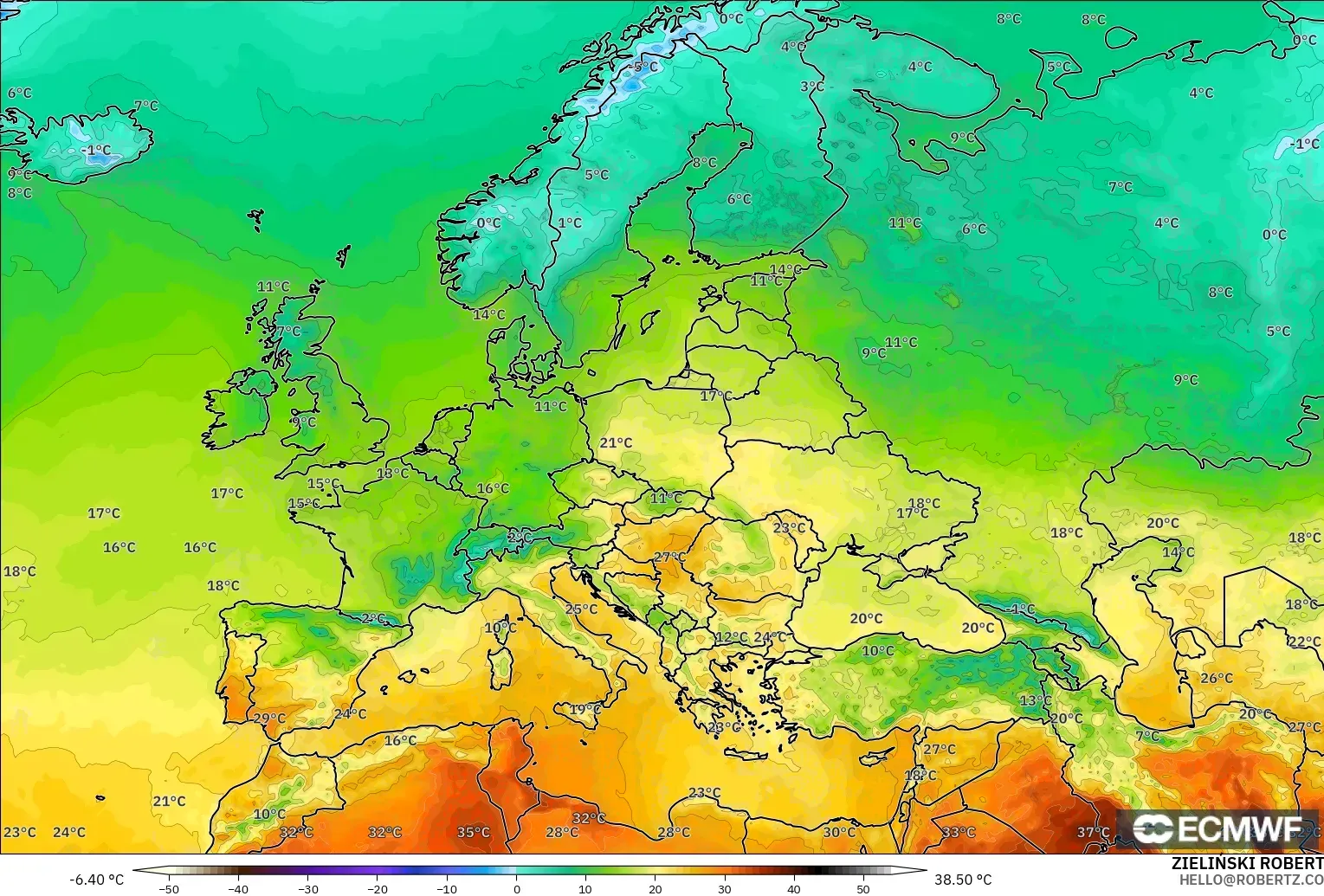 ECMWF IFS 0.25° model - Europe, Temperature at 2m