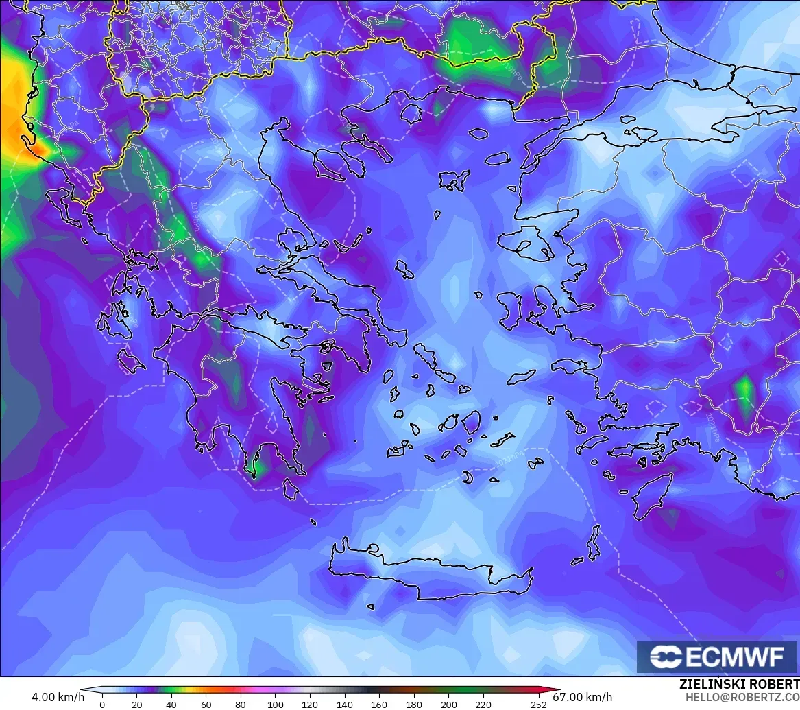 ECMWF IFS 0.25° model - Greece, Wind Gusts Peak