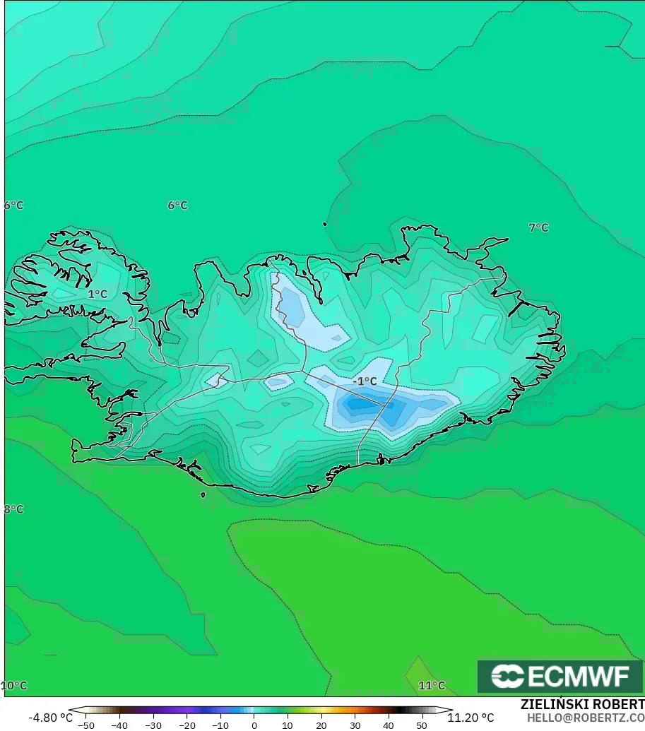 ECMWF IFS 0.25° model - Iceland, Temperature at 2m