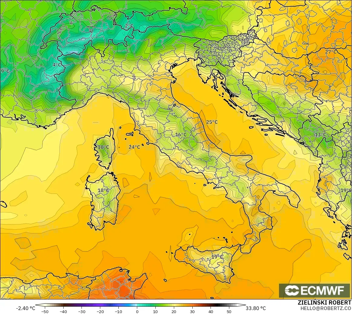 ECMWF IFS 0.25° model - Italy, Temperature at 2m