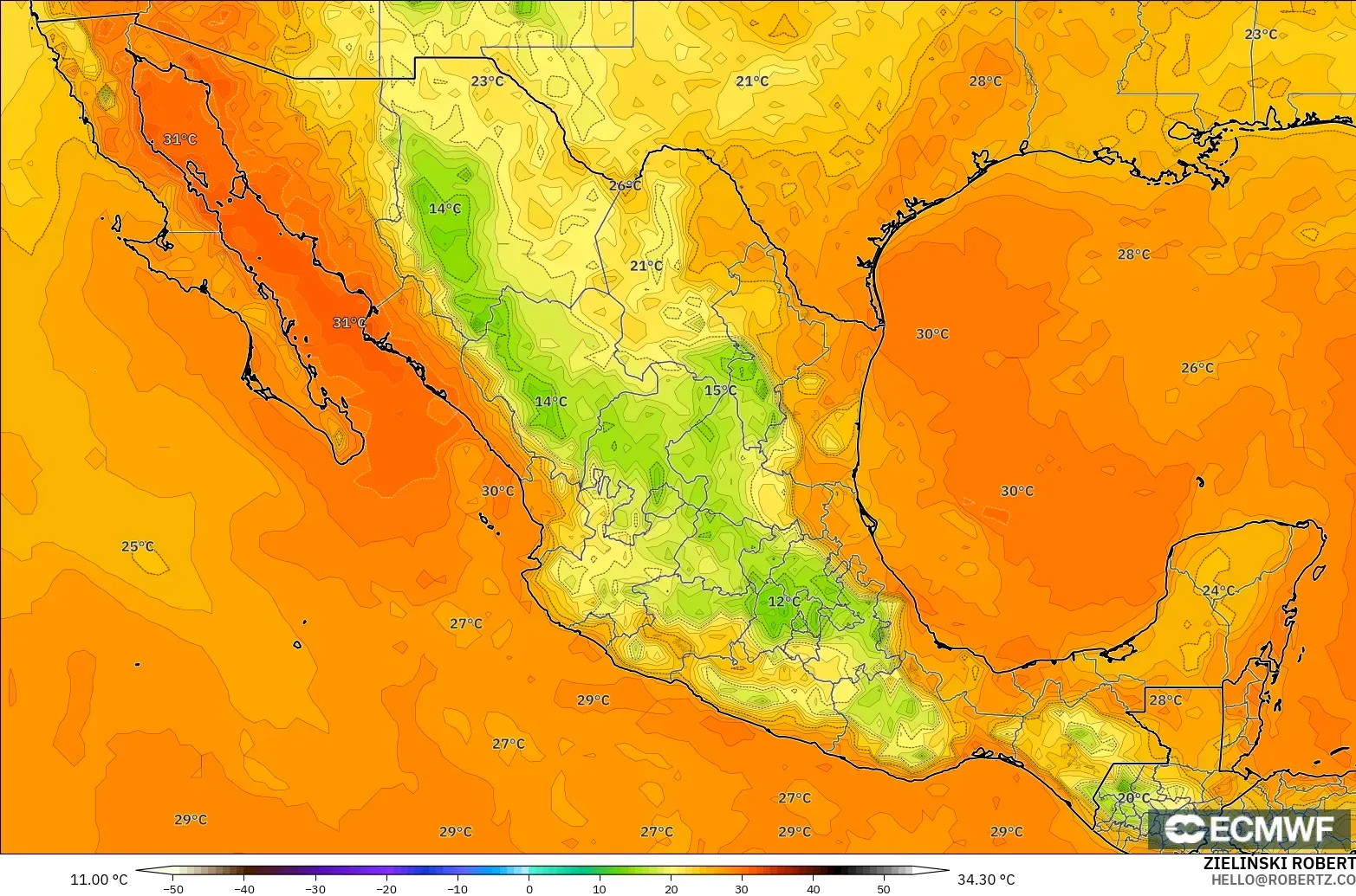 ECMWF IFS 0.25° model - Mexico, Temperature at 2m