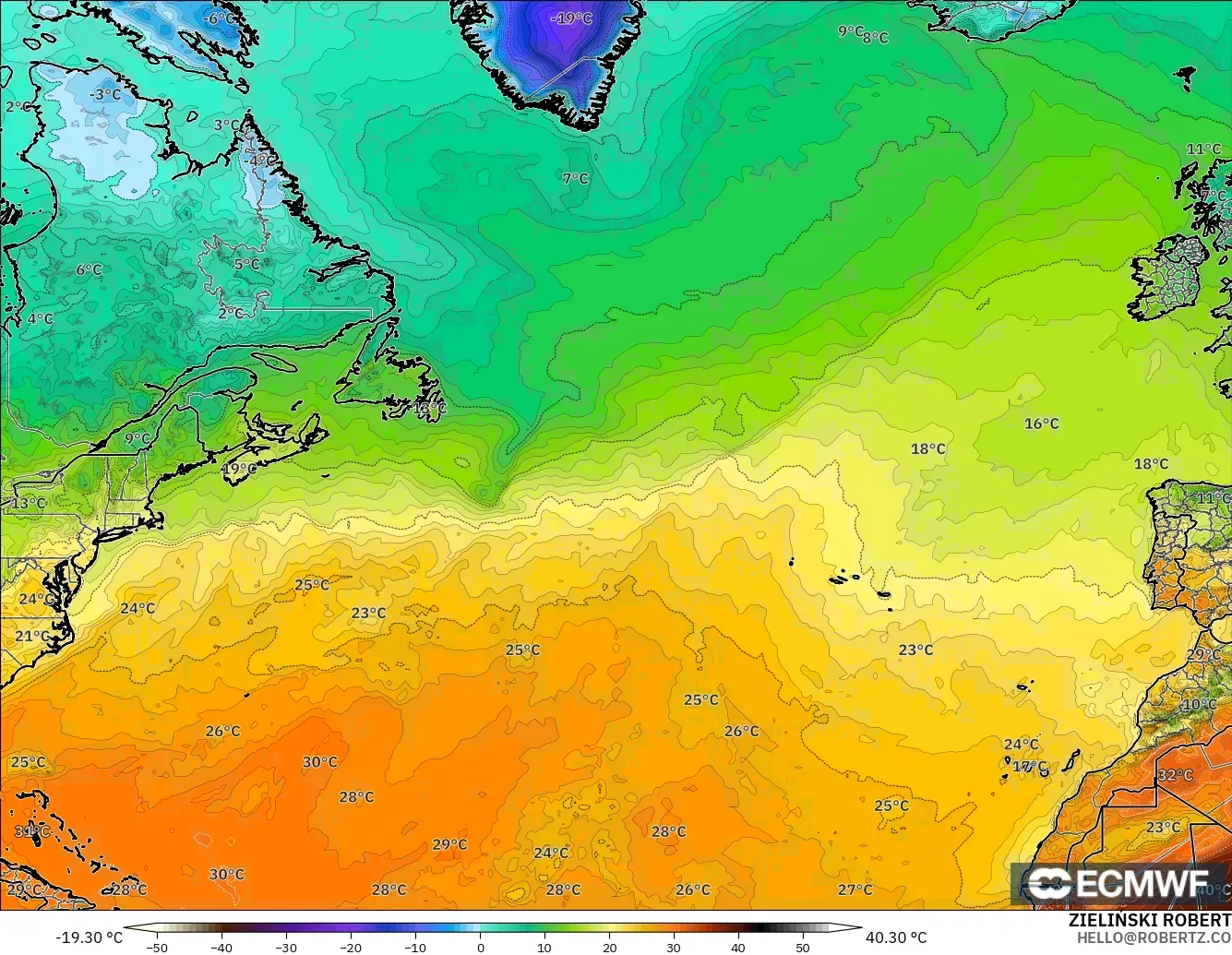 ECMWF IFS 0.25° model - North Atlantic, Temperature at 2m