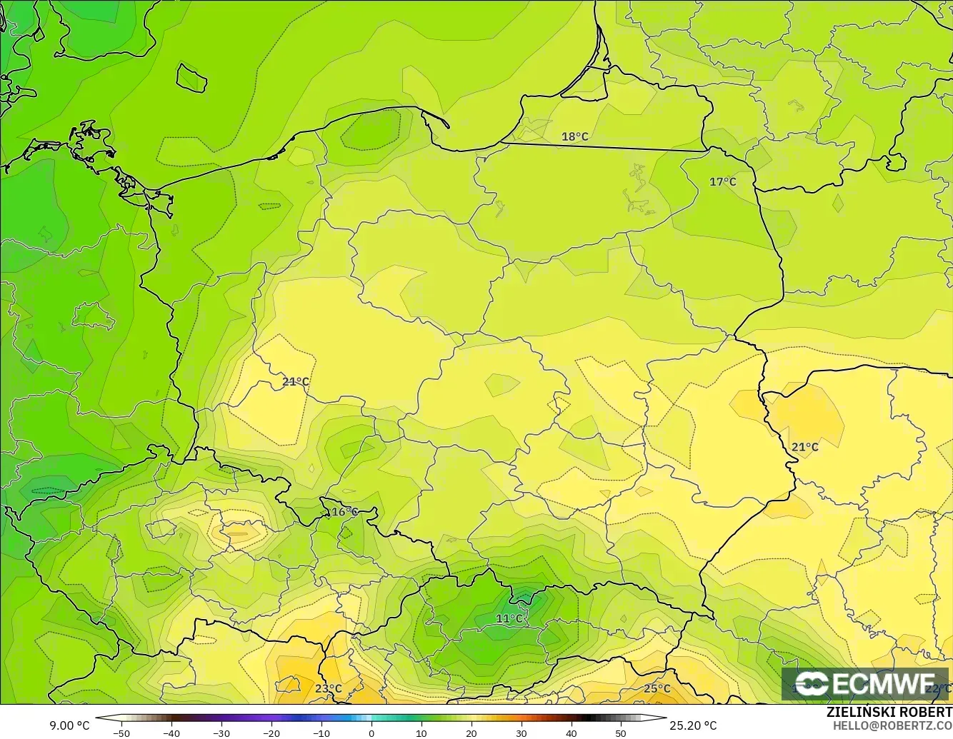 ECMWF IFS 0.25° model - Poland, Temperature at 2m
