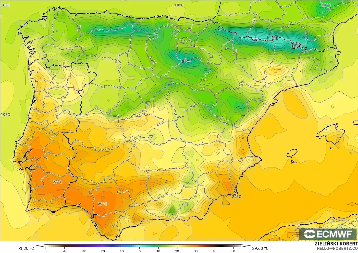 ECMWF IFS 0.25° model - Spain, Temperature at 2m