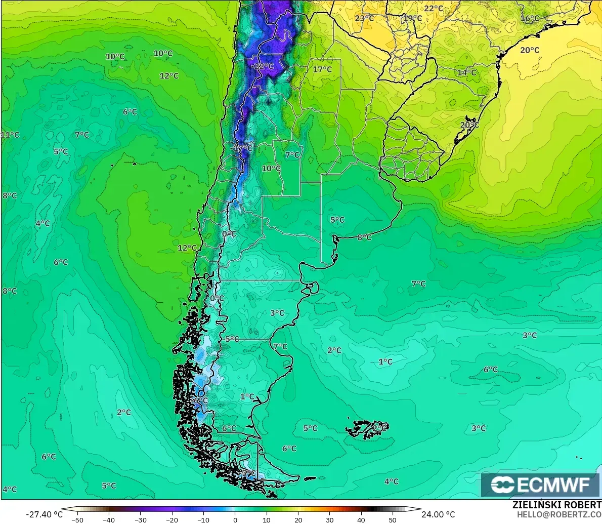 ECMWF IFS 0.25° model - Argentina, Dewpoint at 2m